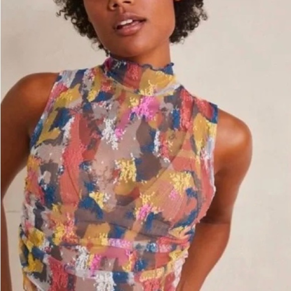 Sheer High-Neck Multicolor Mesh Tank Top